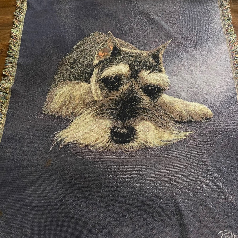Vintage Picken Schnauzer Dog Woven Tapestry Throw Blanket Fringe Navy Blue 48x60 - Picture 2 of 5